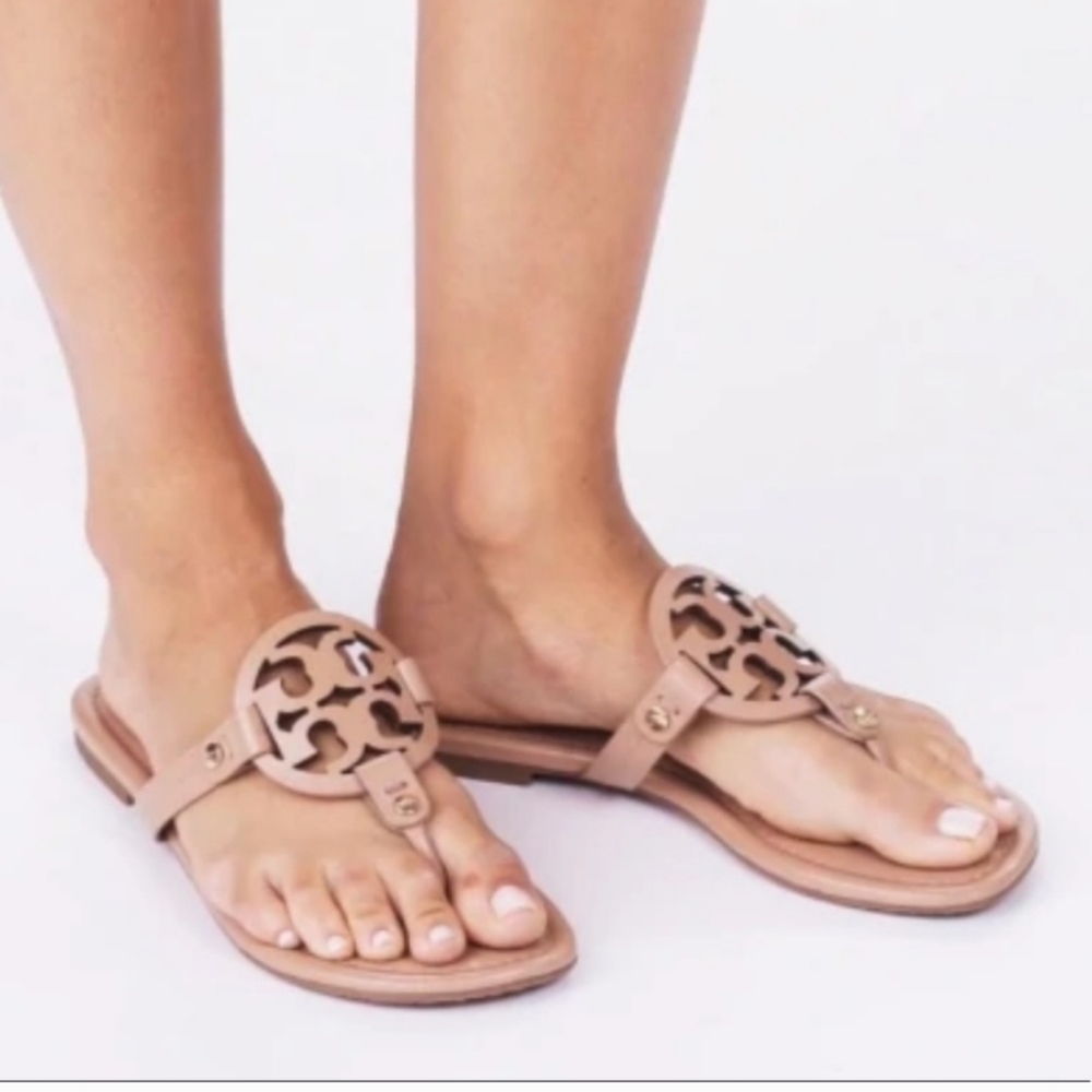 Tory Burch Tan Nude Miller Leather Double T Thong Sandal 7.5 M
